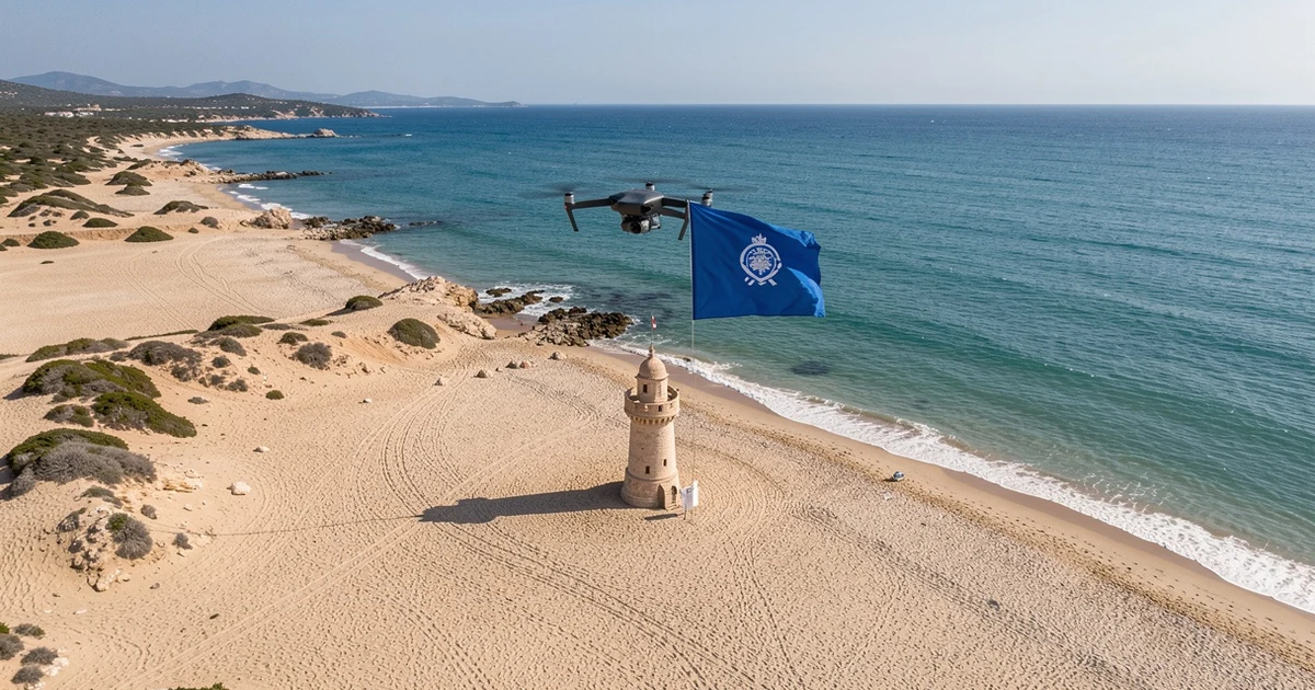 Vista aérea de una playa de Nerja con un dron volando y una torre de vigilancia