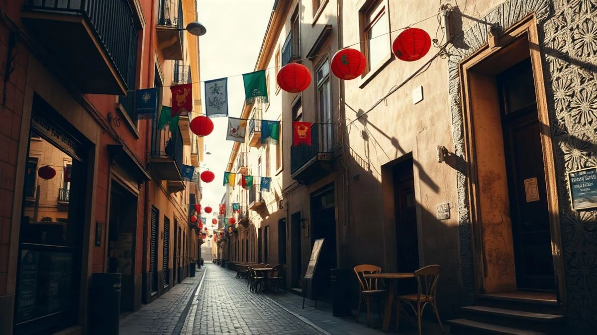 Imagen ilustrativa: calle empedrada con farolillos y banderines de feria, vacía al amanecer