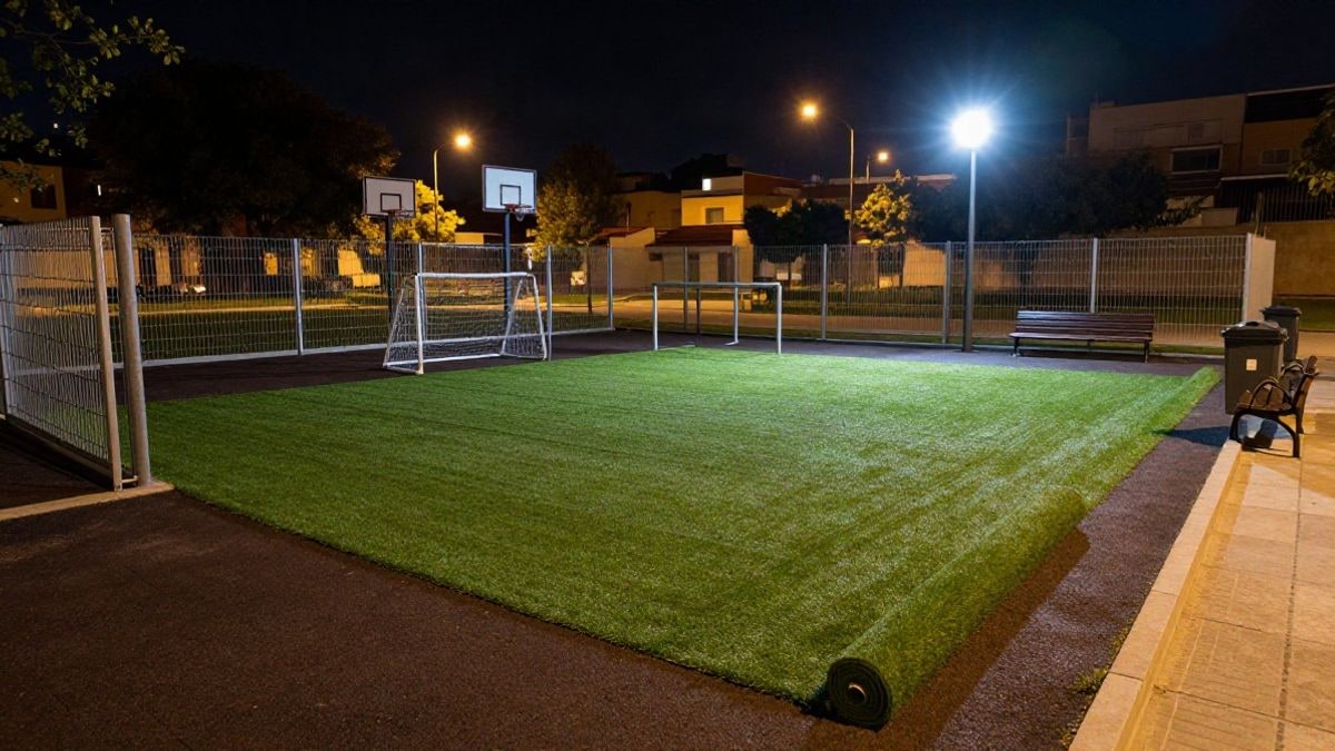 Imagen ilustrativa: parque urbano en obras de noche con césped artificial extendido y vallado perimetral bajo farolas