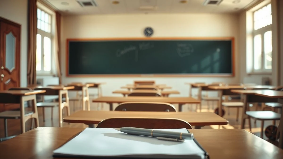 Aula vacía con pupitres y pizarra iluminada por luz natural