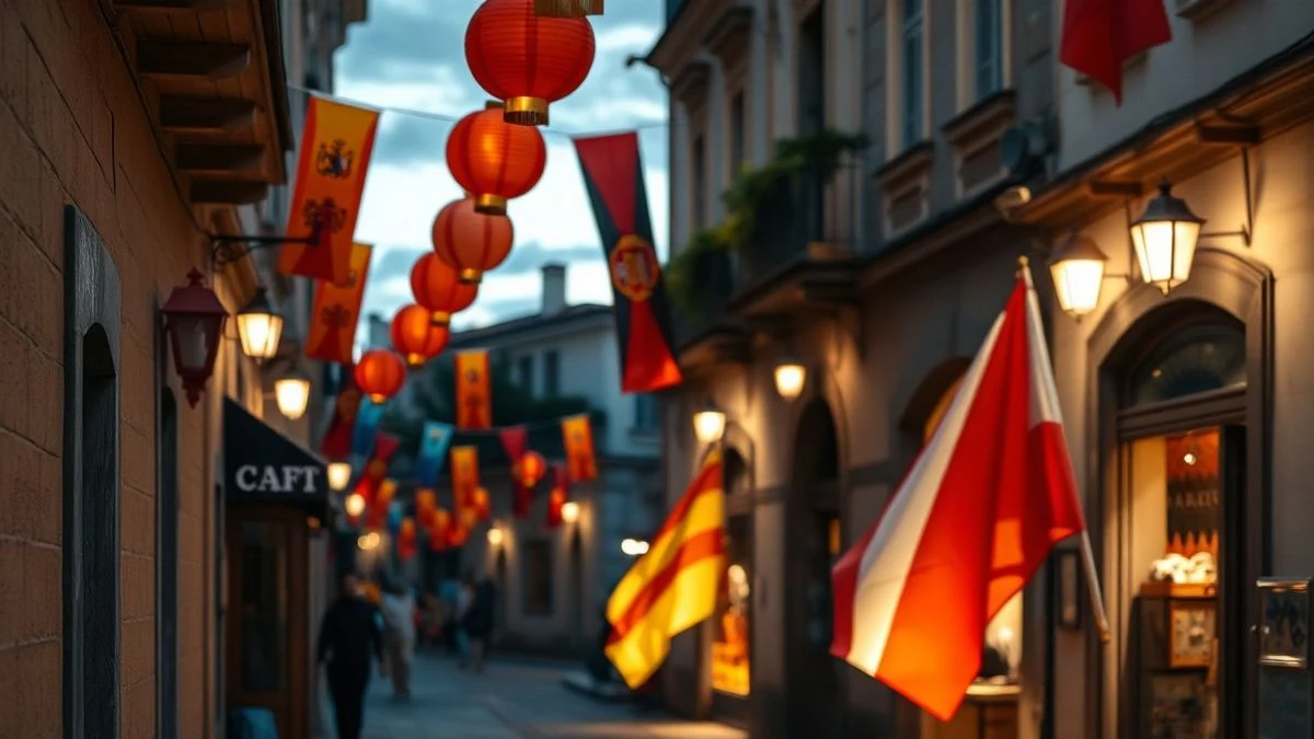 Imagen ilustrativa: calle decorada con farolillos y banderines al atardecer, con una silueta de fondo.