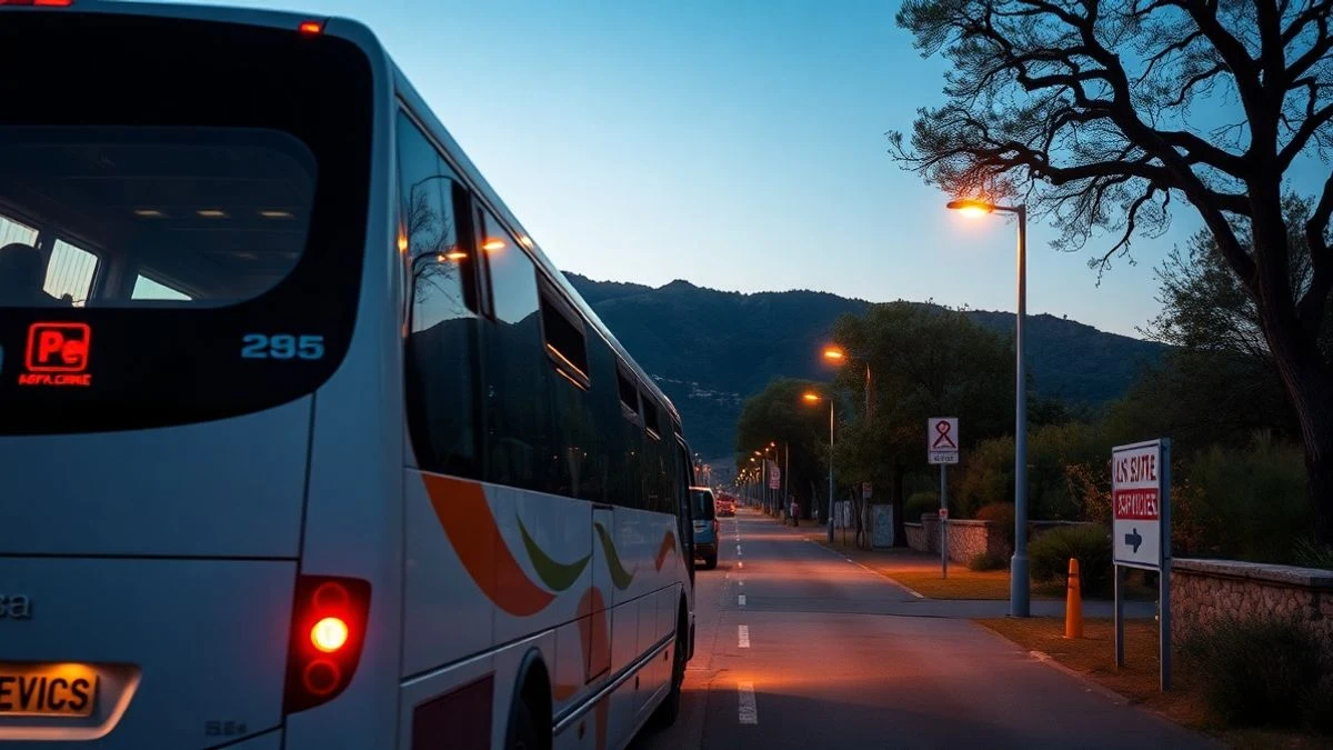Imagen ilustrativa: un autobús regional aparcado en una parada rural al atardecer, con la sierra al fondo y pasajeros borrosos esperando.