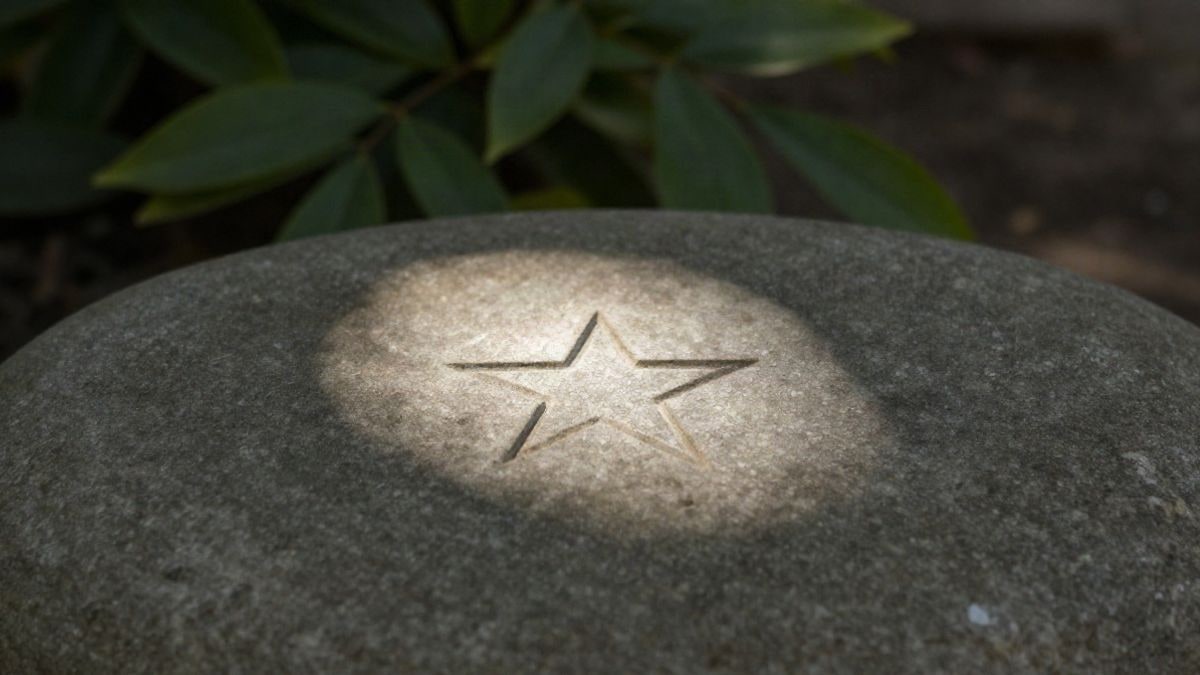 Imagen ilustrativa: detalle de una superficie de piedra con una estrella grabada y hojas verdes desenfocadas al fondo
