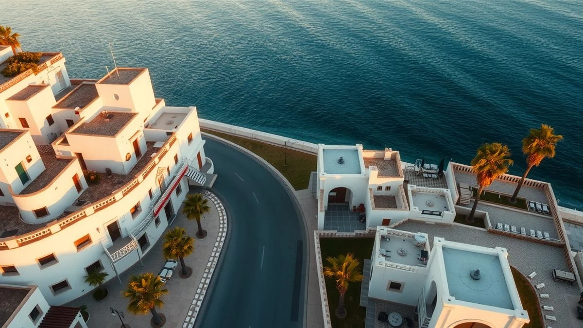 Illustrative image: aerial view of a Mediterranean coastal town with white buildings and promenade at sunset