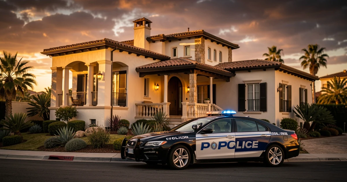 Luxury villa in Marbella with police car parked at sunset