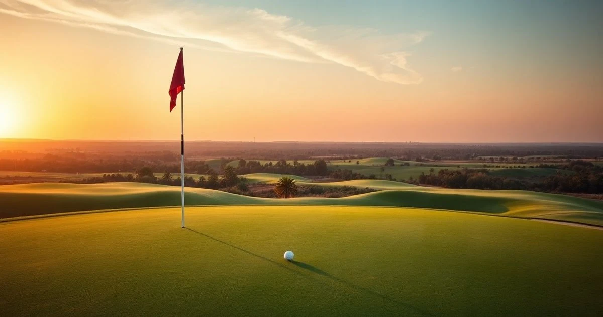 Vista aérea de un campo de golf al atardecer con bandera y bola en primer plano