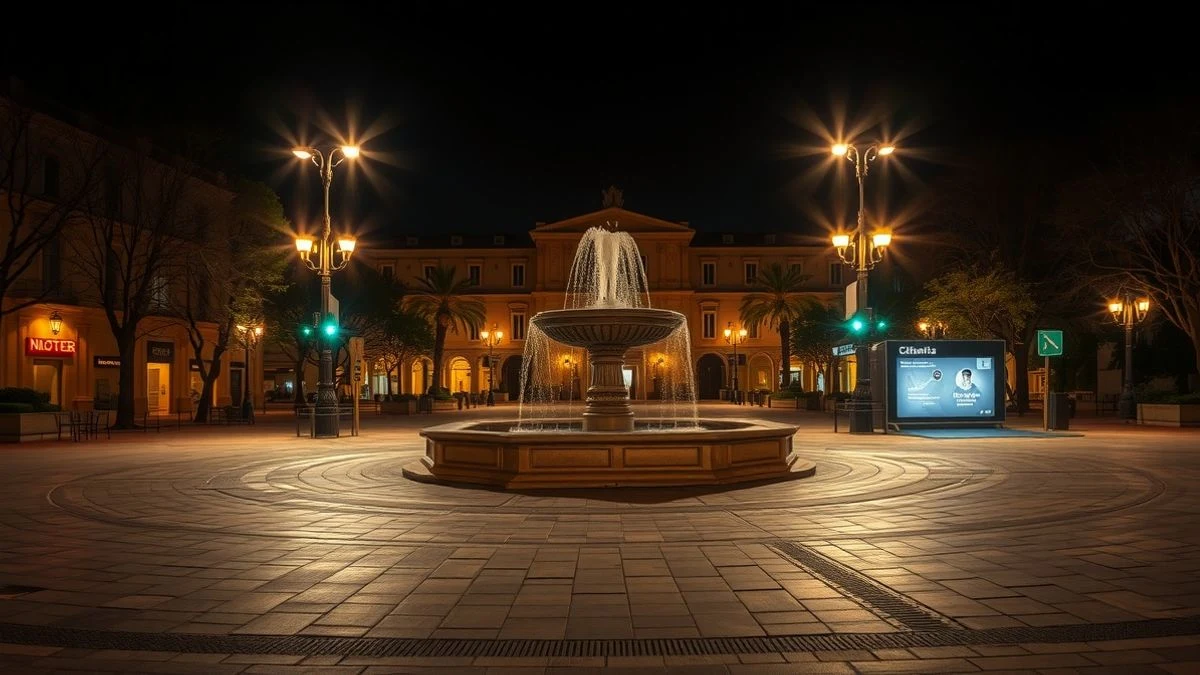 Illustrative image: an empty square at night with a fountain illuminated by streetlights and dim neon lights