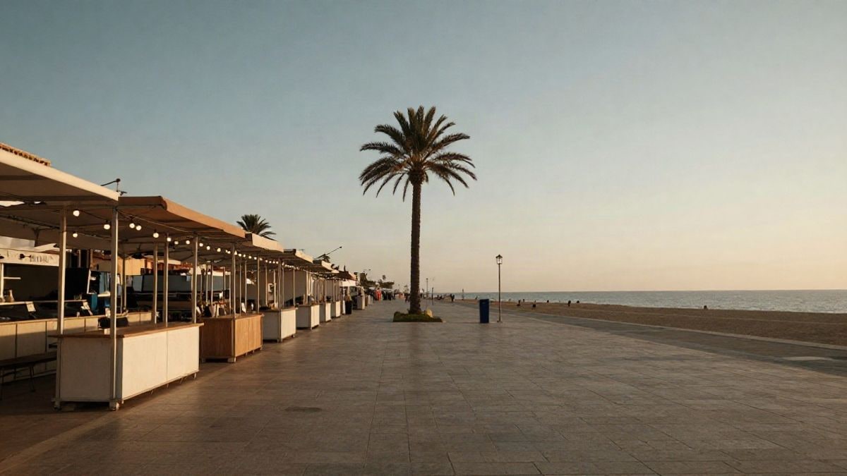 Illustrative image: a promenade with empty market stalls and lights at sunset