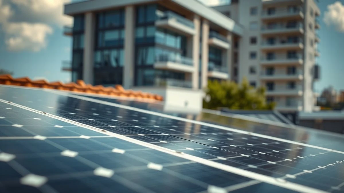 Illustrative image: solar panels installed on the roof of a modern building at sunset
