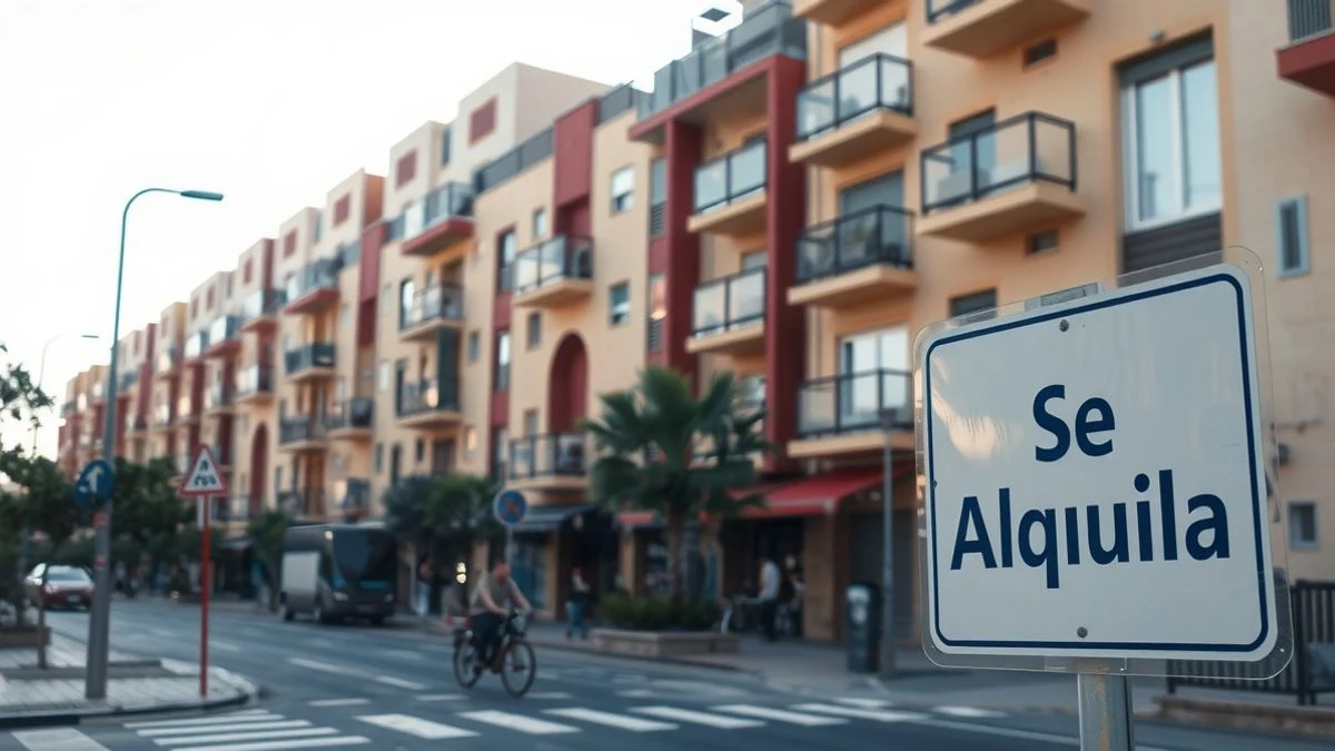 Residential street in Málaga with apartment buildings and a rental sign at sunset