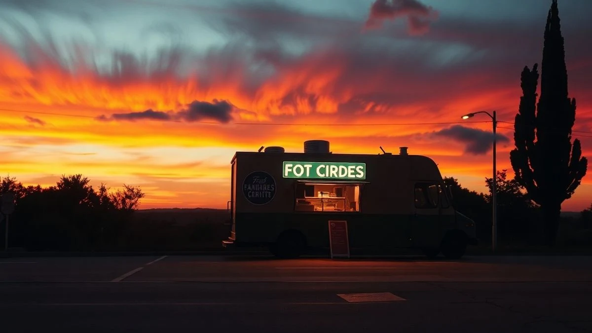 Illustrative image: a food truck illuminated at sunset with silhouettes of attendees in the background