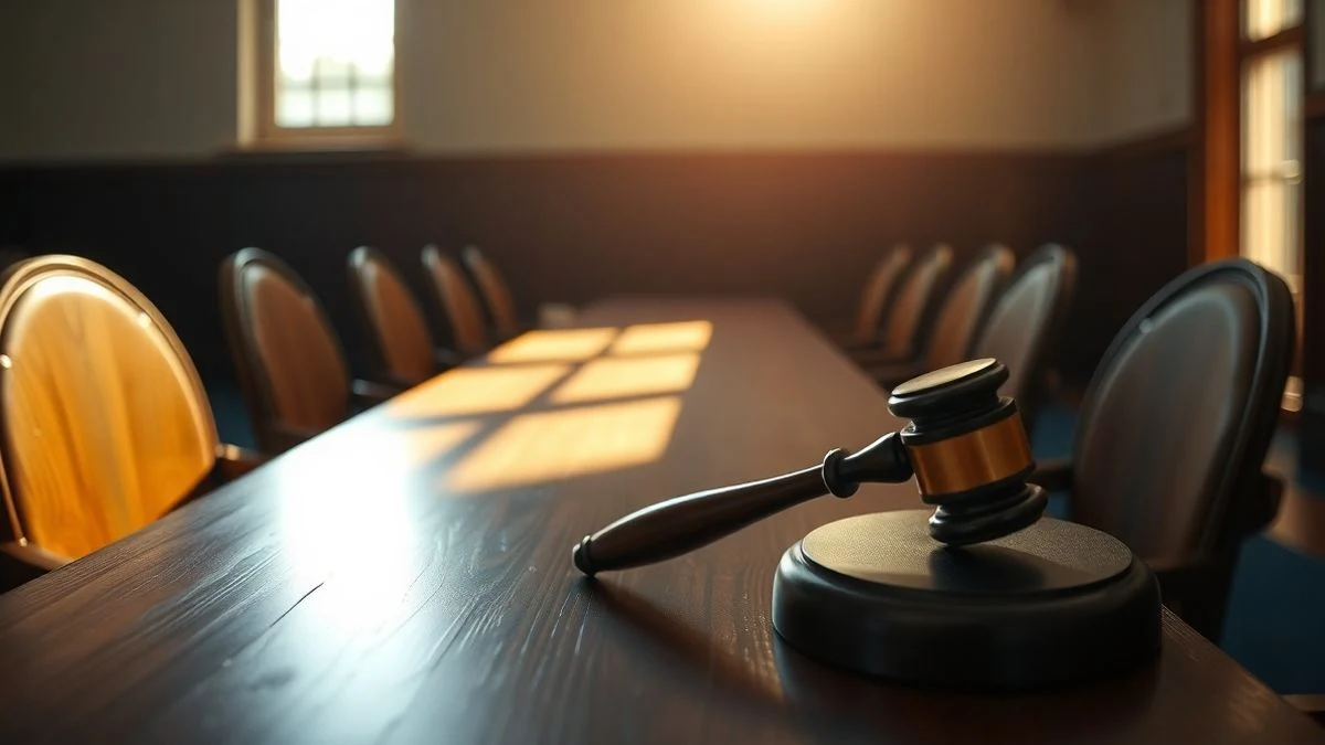 Empty tribunal table with a gavel and dramatic natural light