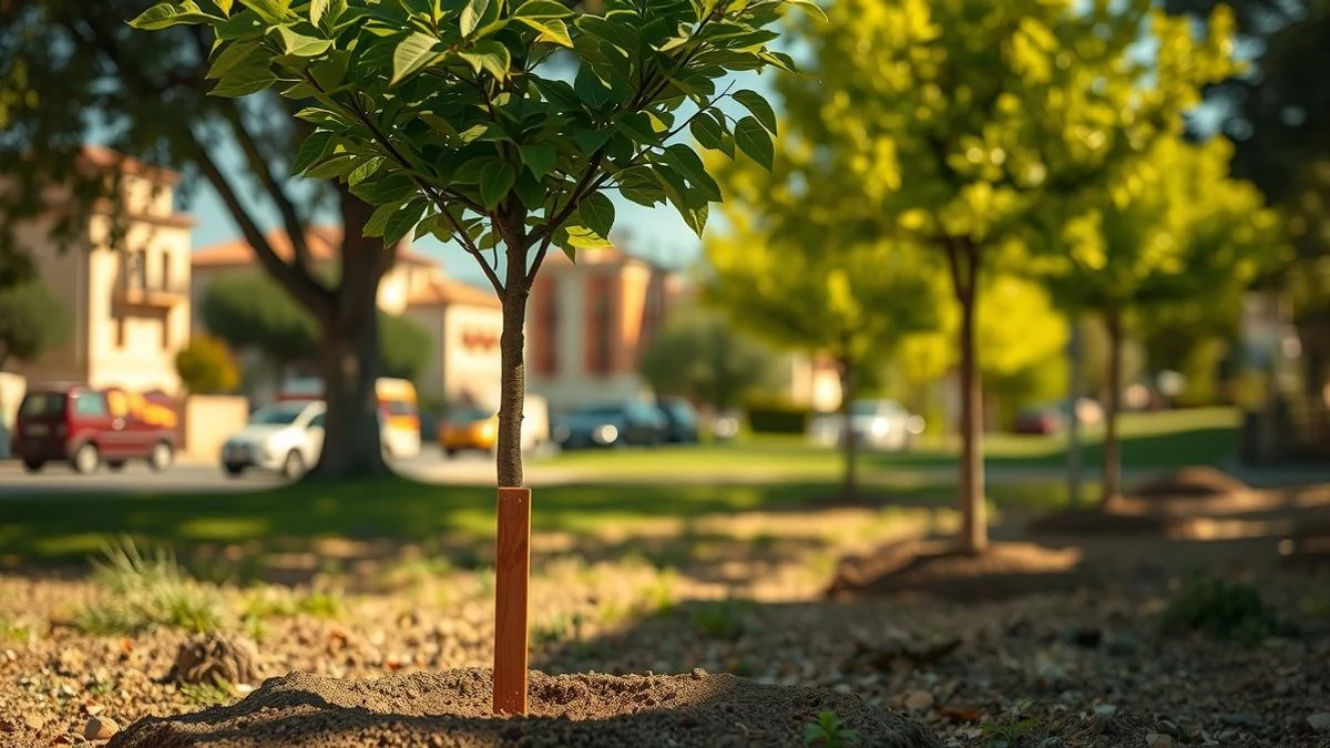 Imagen ilustrativa: un joven árbol recién plantado con tutores de madera en un parque soleado, al fondo un municipio mediterráneo desenfocado.