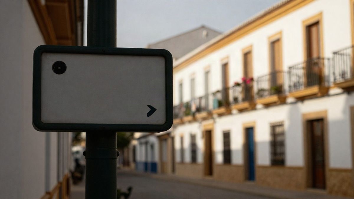 Imagen ilustrativa: una placa de calle recién instalada en una calle de un pueblo mediterráneo, con edificios blancos y flores al fondo desenfocado