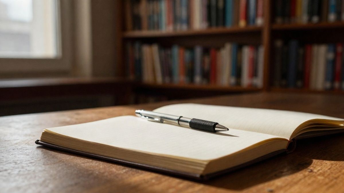 Imagen ilustrativa: cuaderno abierto y bolígrafo sobre una mesa de madera con estanterías desenfocadas al fondo