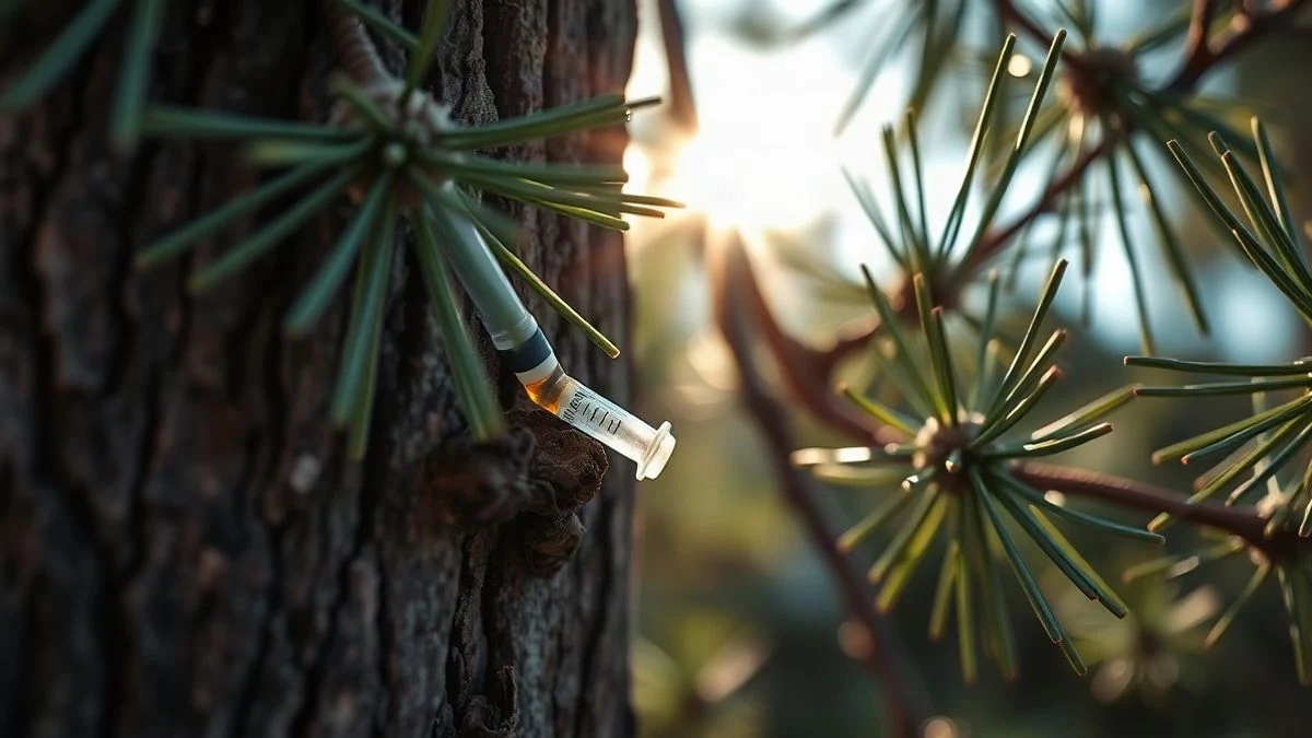 Illustrative image: Close-up of a pine trunk with an endotherapy injector and sunlight among the needles.