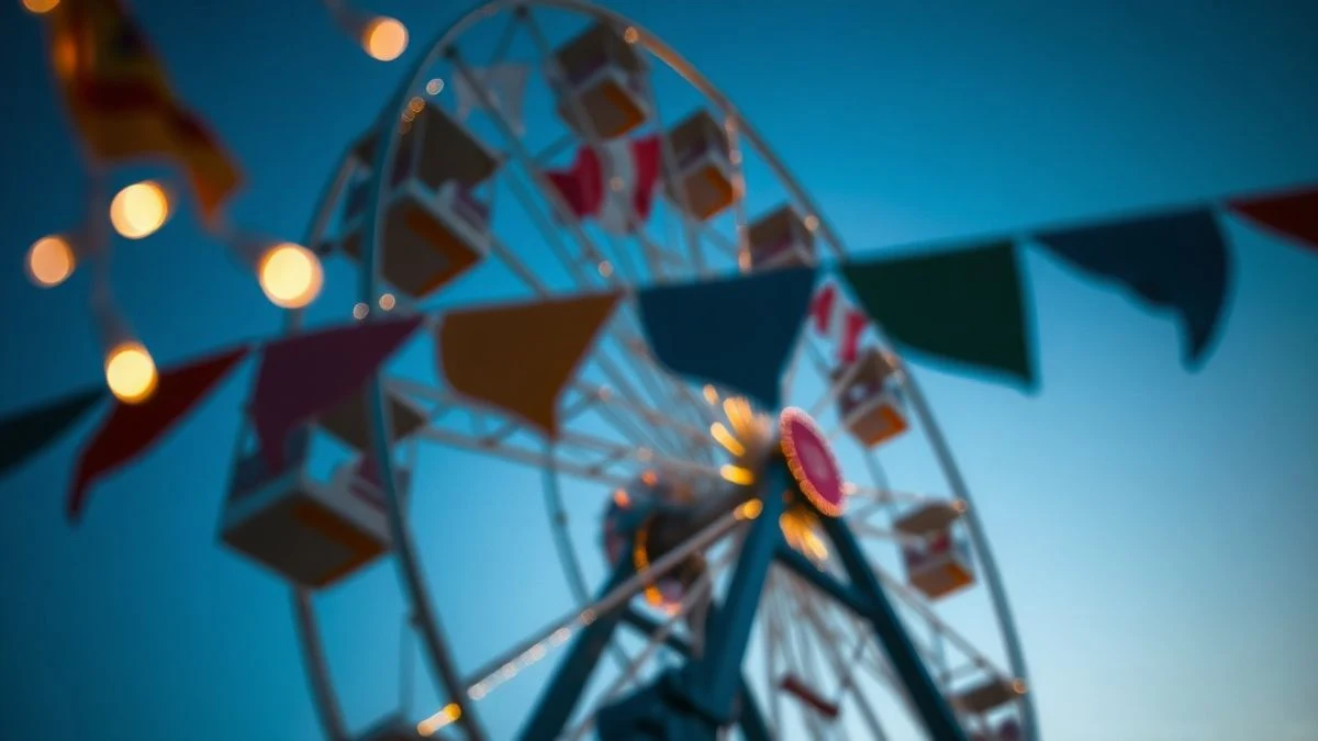 Primer plano de una noria colorida con luces y banderines al atardecer