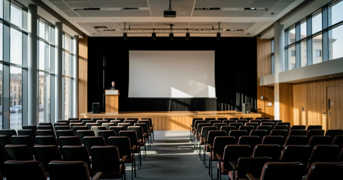 Empty interior of a conference hall with screen and stage in a modern convention centre.