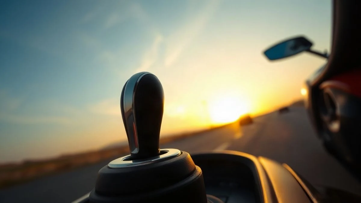 Illustrative image: close-up of a sports car gear stick with sky in the background