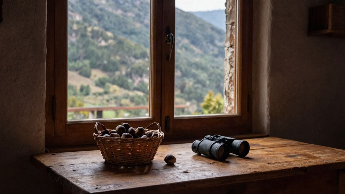 Imagen ilustrativa: mesa de madera junto a una ventana con una cesta de castañas y prismáticos en un interior rural