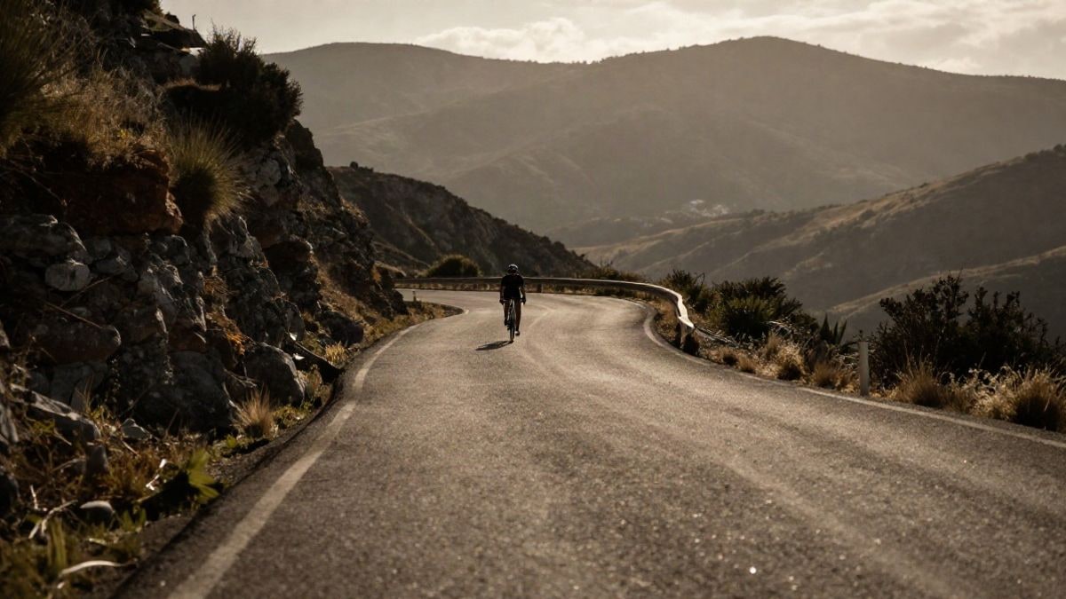 Imagen ilustrativa: carretera de montaña en pendiente con un ciclista lejano al fondo