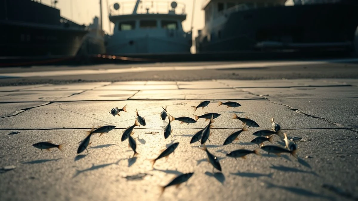 Garrucha port with fish jumping onto the asphalt and the silhouette of a tuna underwater
