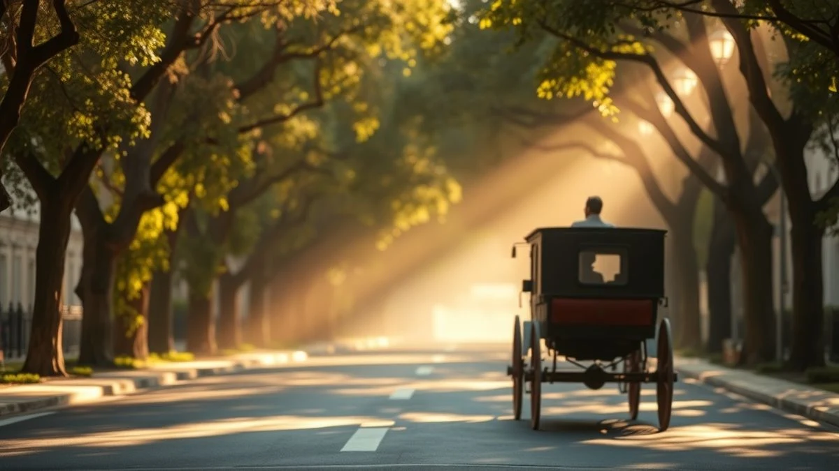 Imagen ilustrativa: una romería tradicional con carruajes y personas caminando por una avenida urbana al amanecer