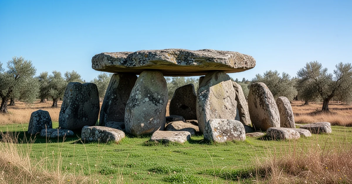 Vista del dolmen de La Lentejuela en Teba, con sus losas de piedra visibles en un paisaje rural