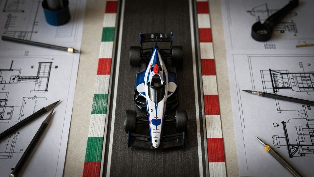 Imagen ilustrativa: vista cenital de un coche de carreras en miniatura sobre una pista con planos y herramientas alrededor