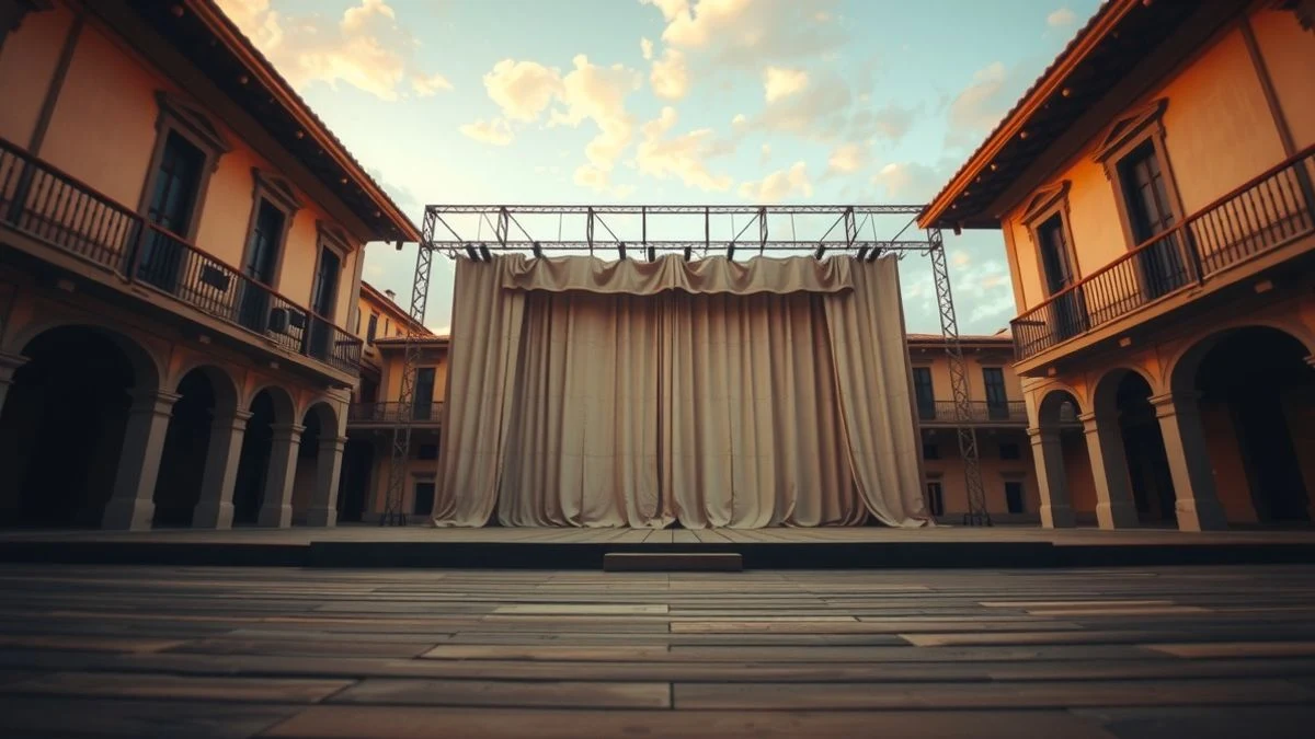 Illustrative image: empty outdoor stage in a square at sunset, with golden light and sky in the background