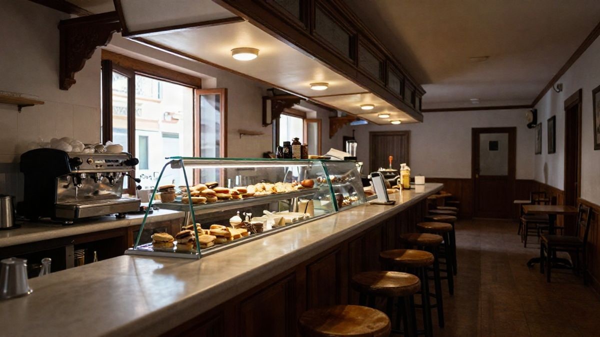Illustrative image: traditional Spanish bar counter with breakfast display and wooden stools