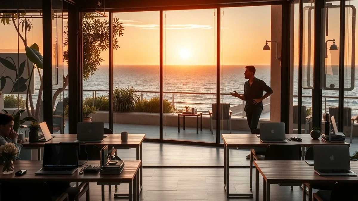 Interior de un espacio de coworking moderno con plantas y cuadros abstractos, con vistas al mar Mediterráneo al atardecer