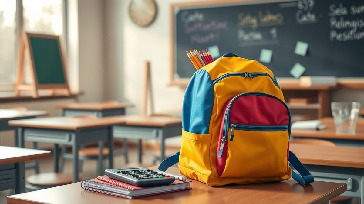 Imagen ilustrativa: mochila escolar abierta con cuadernos y lápices sobre una mesa de madera, con un aula vacía al fondo.