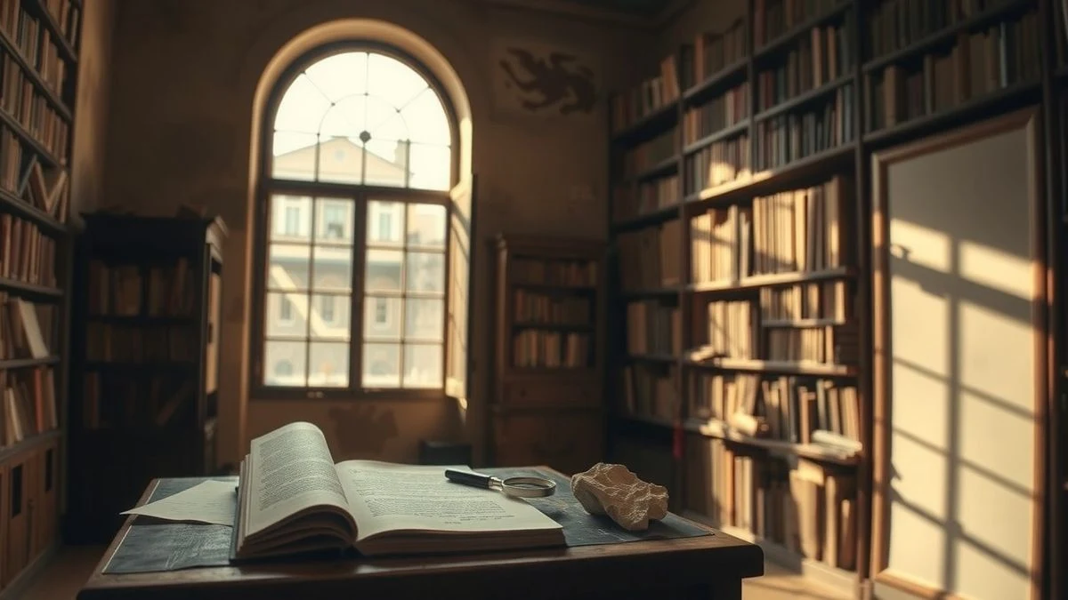 Illustrative image: interior of a historical archive room with natural light, old books, and a piece of pottery on a wooden table.