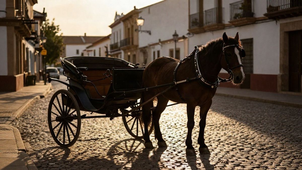 Imagen ilustrativa: un carruaje de caballos con arnés tradicional aparcado en una calle adoquinada al atardecer, con siluetas y sombras largas