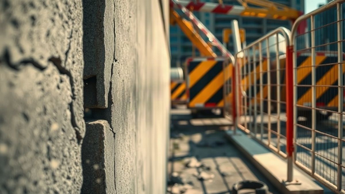 Imagen ilustrativa: detalle de un muro de hormigón agrietado con barras de acero vistas, en un entorno de demolición.