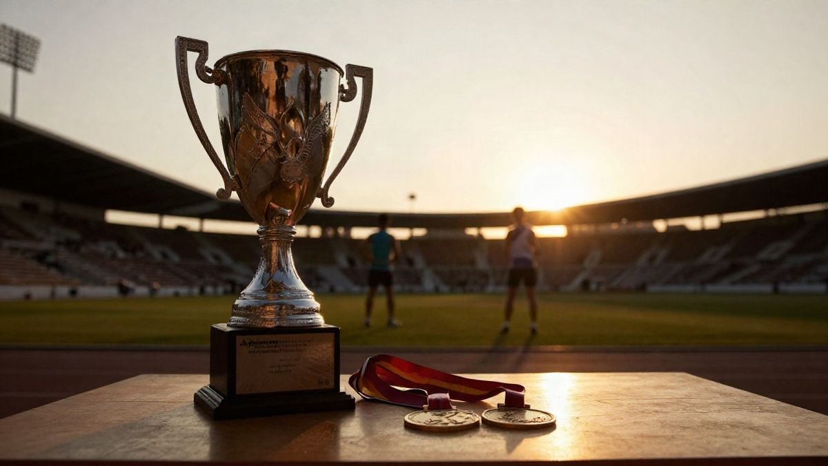 Imagen ilustrativa: un trofeo y una medalla sobre una mesa de madera frente a un estadio al atardecer