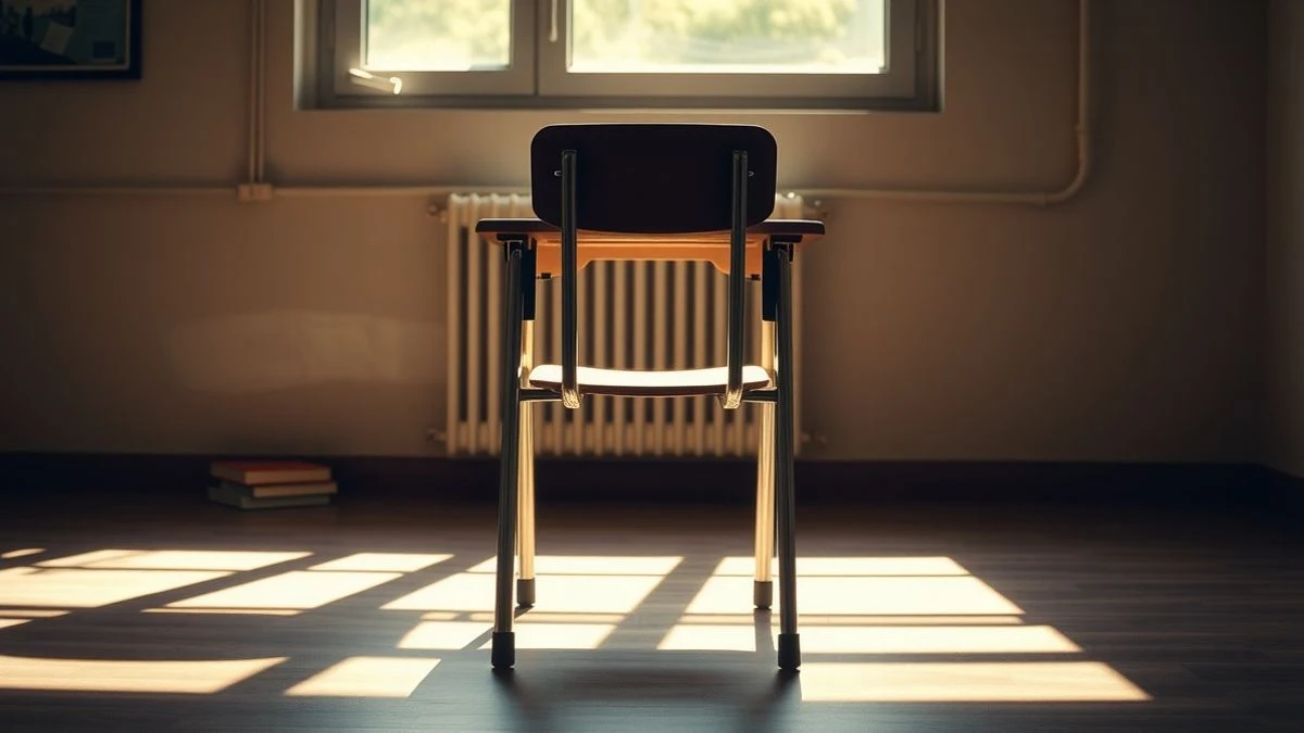 Imagen ilustrativa: un pupitre vacío en un aula con luz de ventana lateral y libros apilados