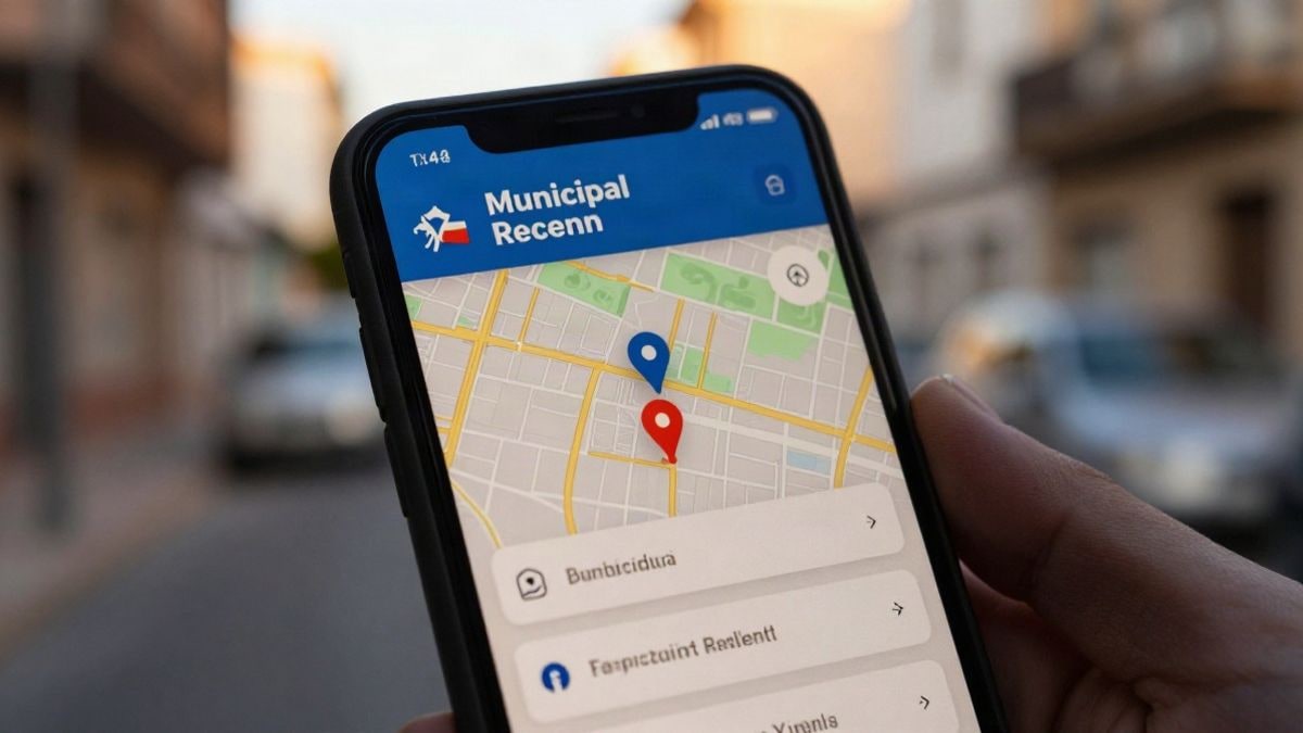 Imagen ilustrativa: primer plano de un teléfono móvil con una aplicación de avisos municipales sobre una calle residencial desenfocada