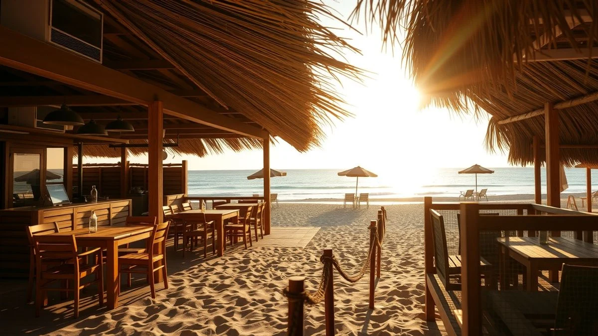 Terrace of a beach bar with wooden tables and chairs, straw awning and Mediterranean Sea at sunset