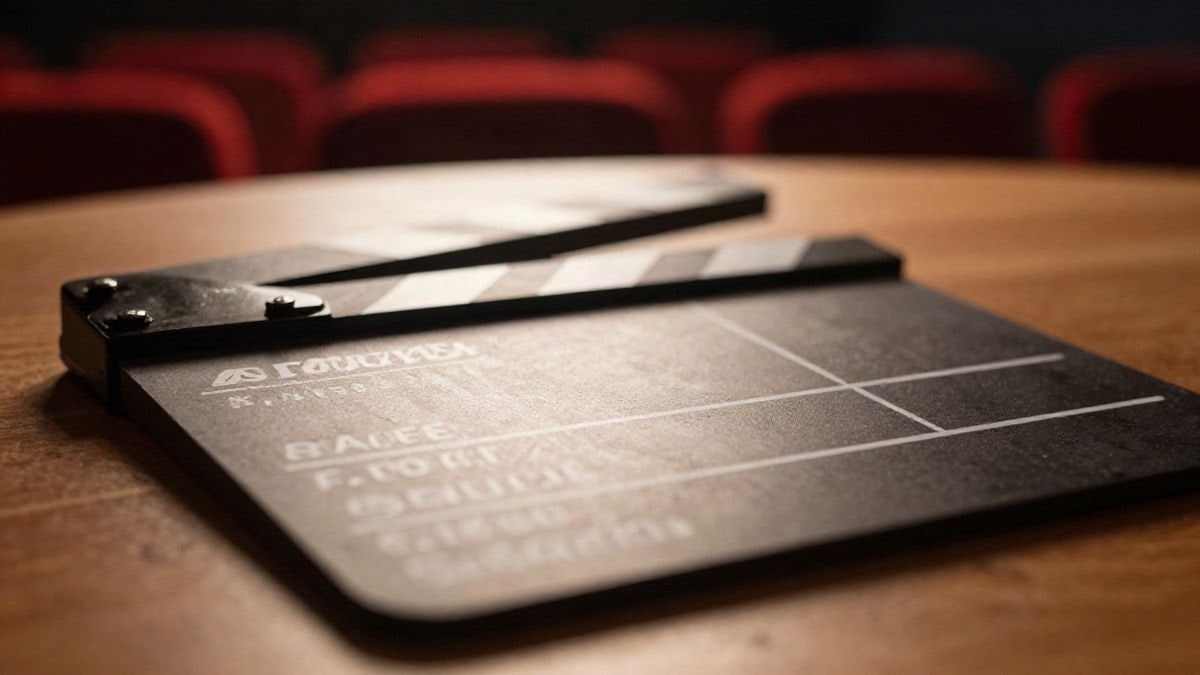 Imagen ilustrativa: primer plano de una claqueta de cine sobre una mesa de madera con butacas desenfocadas al fondo