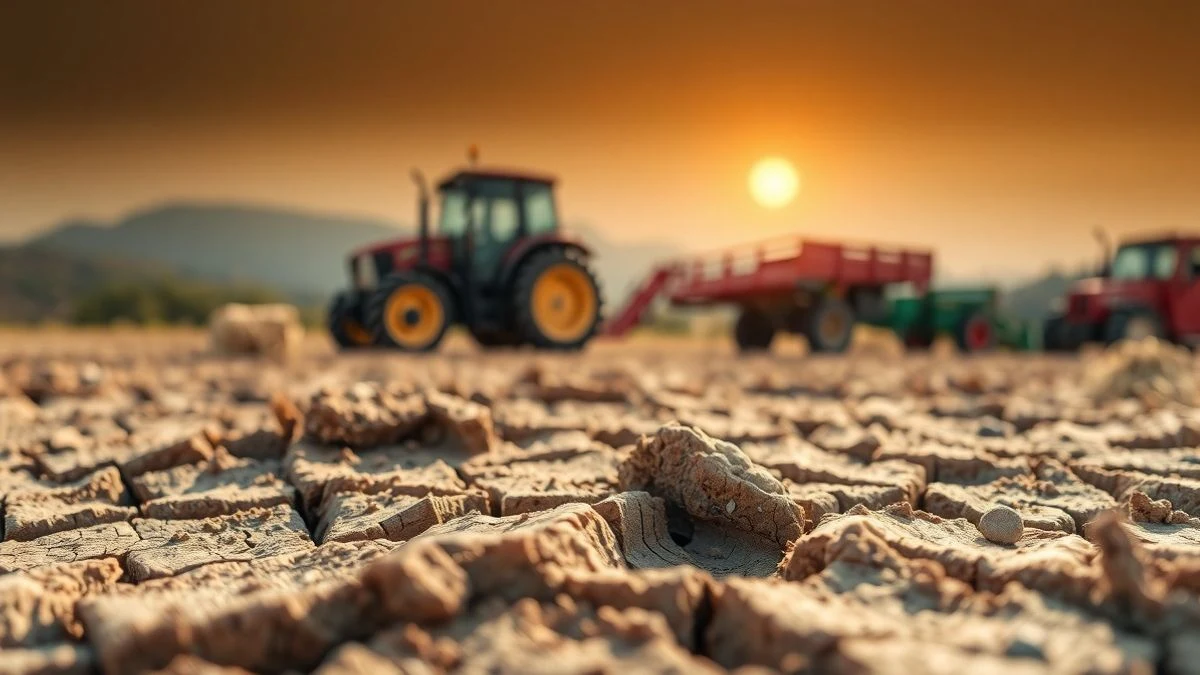Imagen ilustrativa: textura de tierra agrietada en un campo agrícola, con un tractor y pacas de heno al fondo bajo un sol brumoso.