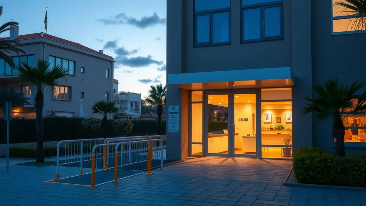 Entrada de un edificio de oficinas en Marbella al atardecer, con luz artificial cálida y rampa accesible