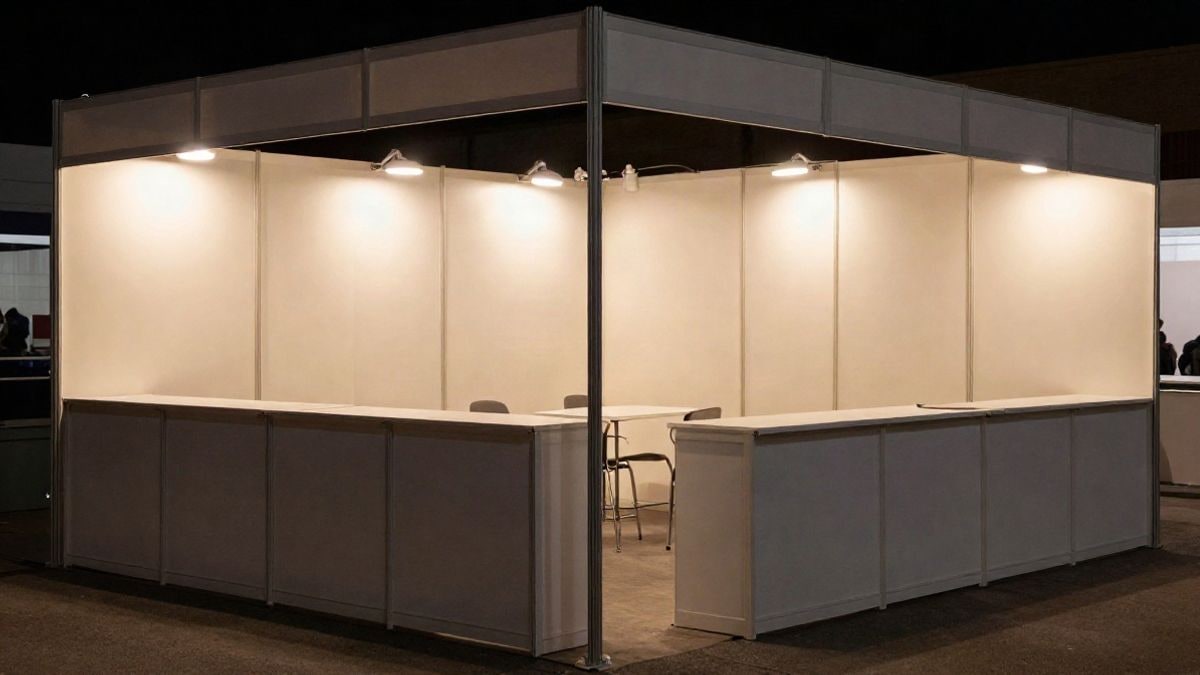 Imagen ilustrativa: stand de feria turística iluminado con luz artificial en un recinto profesional