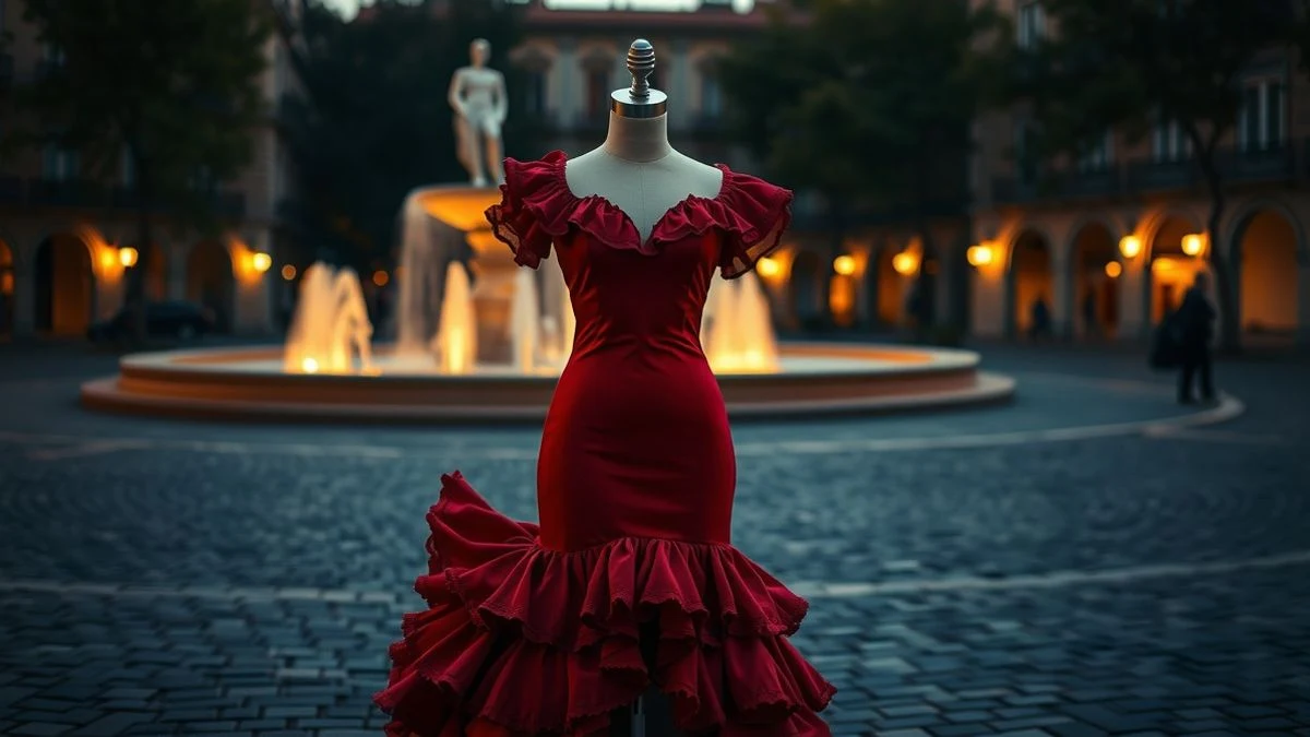 Imagen ilustrativa: un maniquí con un vestido de flamenca en una plaza al atardecer, con una fuente de fondo y luz cálida.
