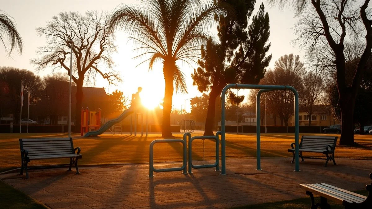 Imagen ilustrativa: un parque vacío al atardecer con un trabajador municipal fumigando, con contraluz y sombras largas