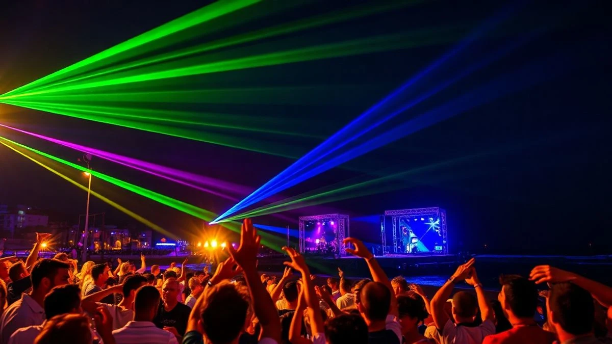 Imagen ilustrativa: una playa española de noche con luces de colores y ambiente festivo, sin personas reconocibles.