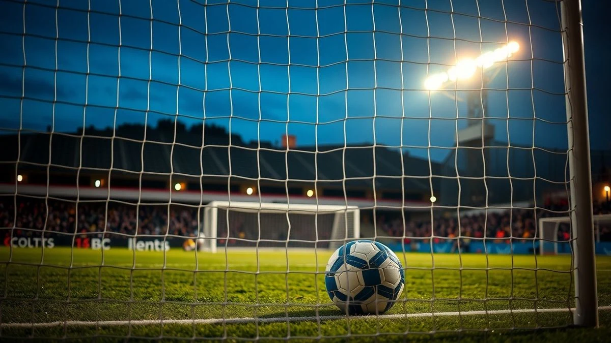 Illustrative image: a football goal with a ball in the penalty area, illuminated by floodlights at sunset.