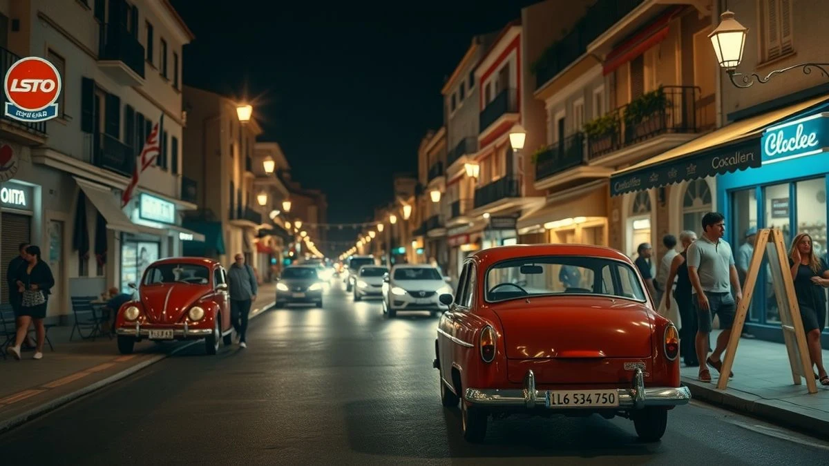 Illustrative image: street decorated with neon lights and 80s elements during a summer night in a coastal town