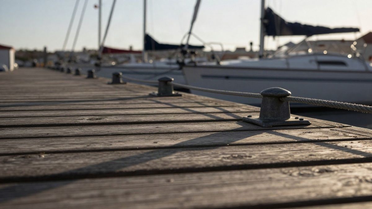 Imagen ilustrativa: detalle de un pantalán de madera con norays y cabos en un puerto deportivo al atardecer